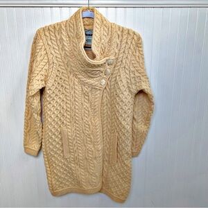 Aran Crafts Light Yellow Cable Knit Mid Length Cardigan Sweater Merino Wool XS
